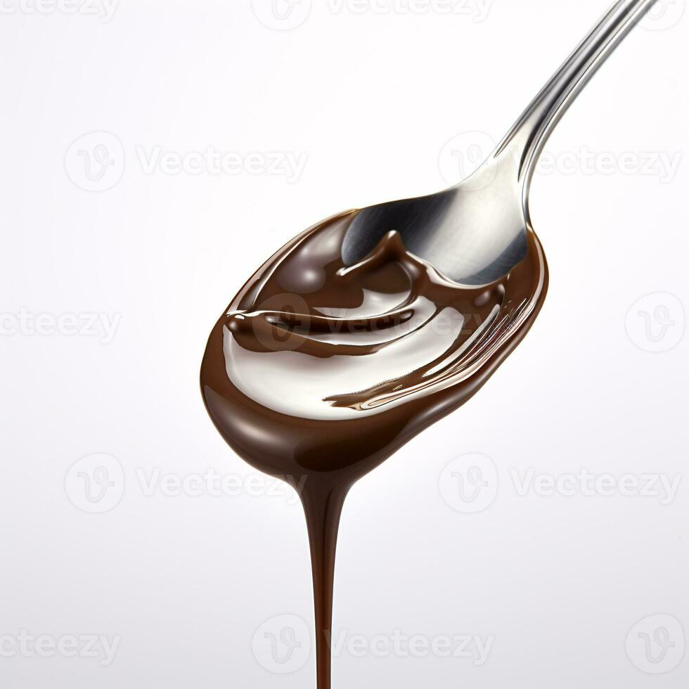 succulent Chocolat sauce égouttage de argent cuillère contre rigide blanc Contexte ai génératif photo