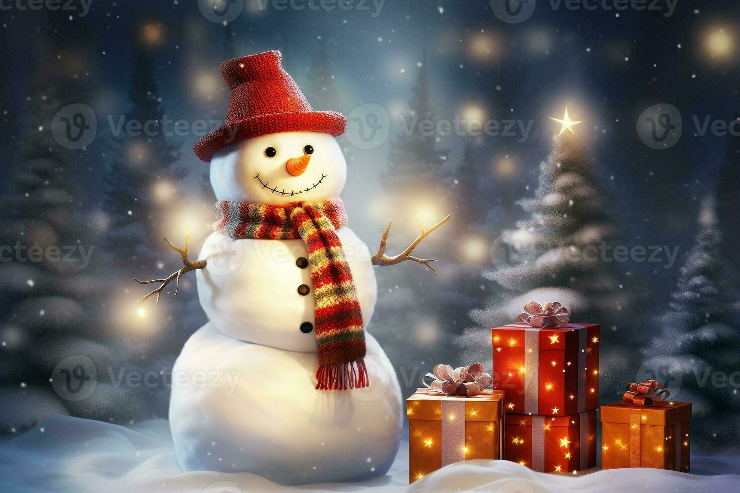 bonhomme de neige et Noël arbre décorer avec cadeau des boites dans hiver Contexte. vacances numérique illustration pour conception carte, affiche ou bannière dans Noël festival. génératif ai. photo