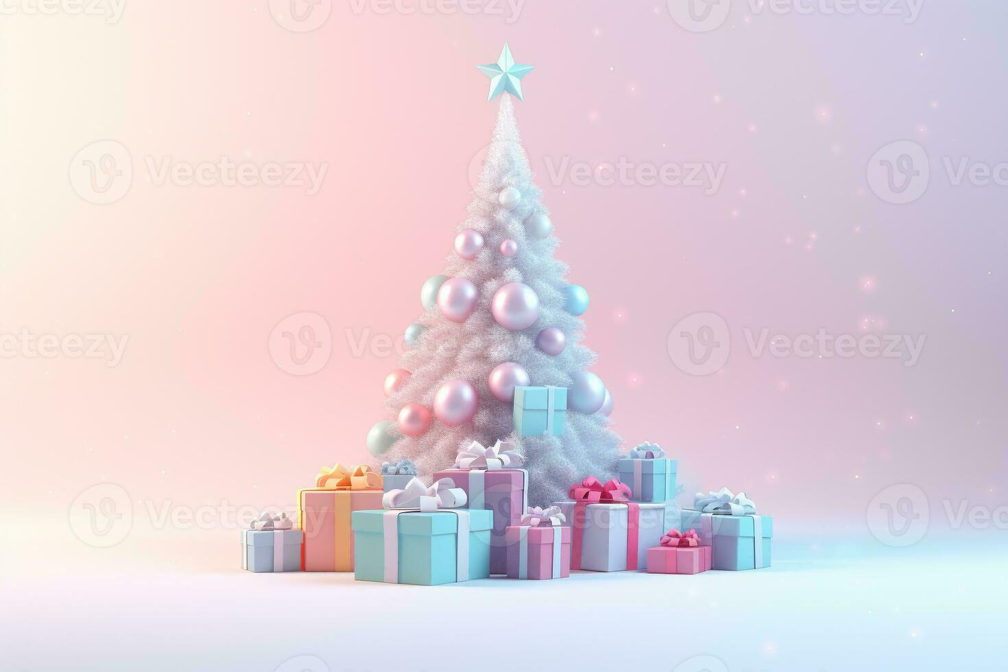 Noël arbre décorer avec cadeau des boites 3d pente pastel Contexte. vacances numérique illustration pour conception carte, affiche ou bannière dans Noël ou Nouveau année festival. génératif ai. photo