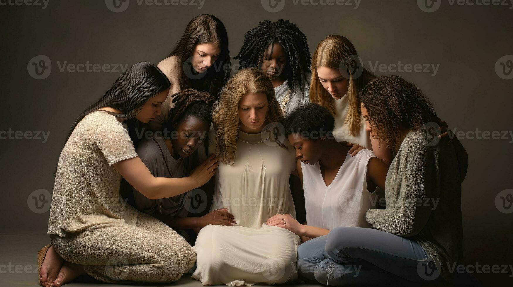 groupe de femmes étreindre se avec l'amour et se soucier comme une famille, journée pour le élimination de la violence contre femmes concept, génératif ai illustration photo