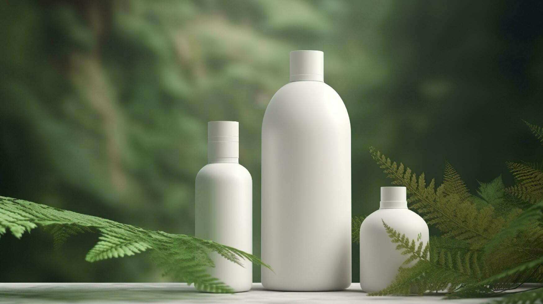 Naturel cosmétique produit présentation coulisses. en plein air forêt placement. blanc Vide pot shampooing bouteille. 3d. ai génératif photo