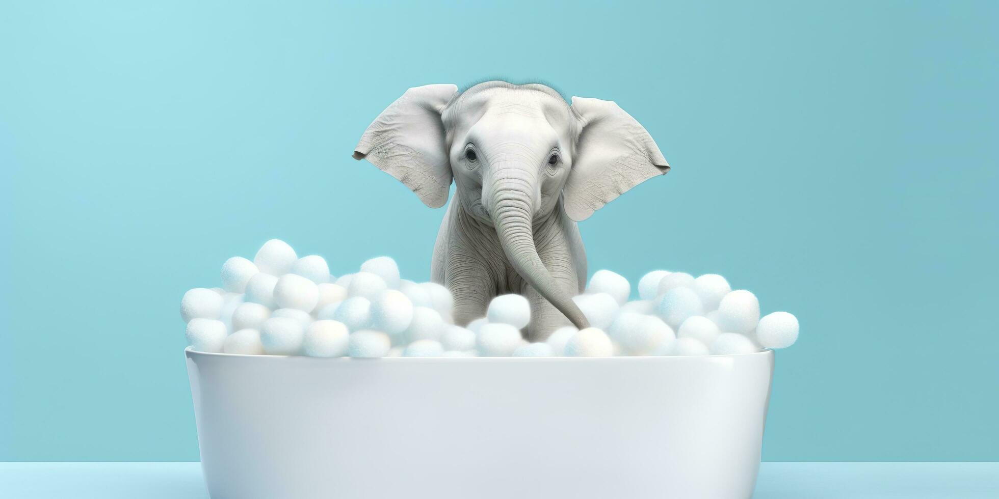 minimaliste albinos l'éléphant dans une baignoire de savon bulles contre une cyan Contexte. ai génératif photo