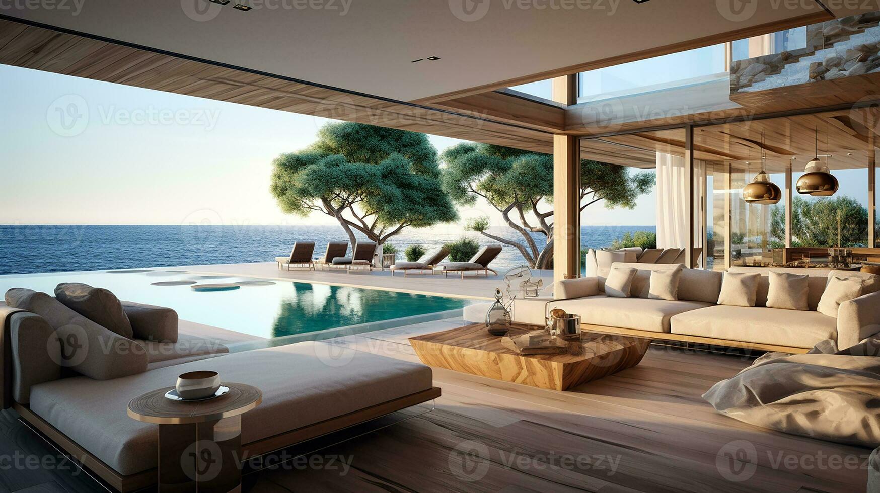 mer vue de le grand vivant pièce de luxe été plage maison avec nager bassin près terrasse. génératif ai photo