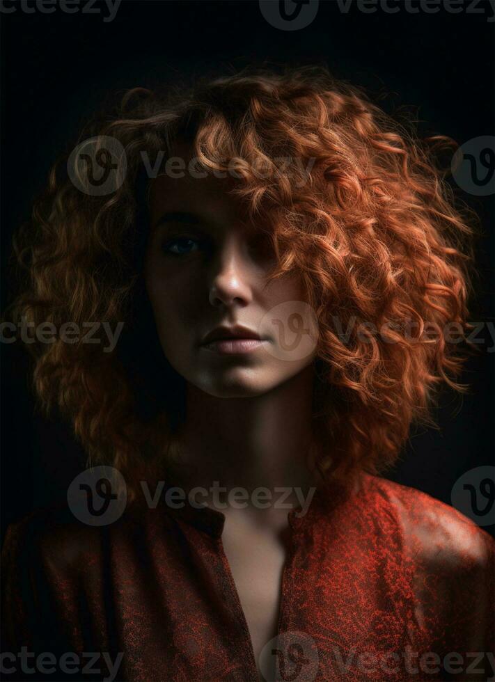 portrait de une Jeune femme avec brillant rouge et frisé cheveux sur une foncé Contexte. photo