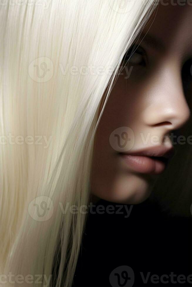 fermer portrait de une blond femme avec parfait blanc cheveux Couleur et coiffure. bannière ou affiche. social médias contenu pour beauté salons. cheveux colorant Couleur dans le catalogue. photo