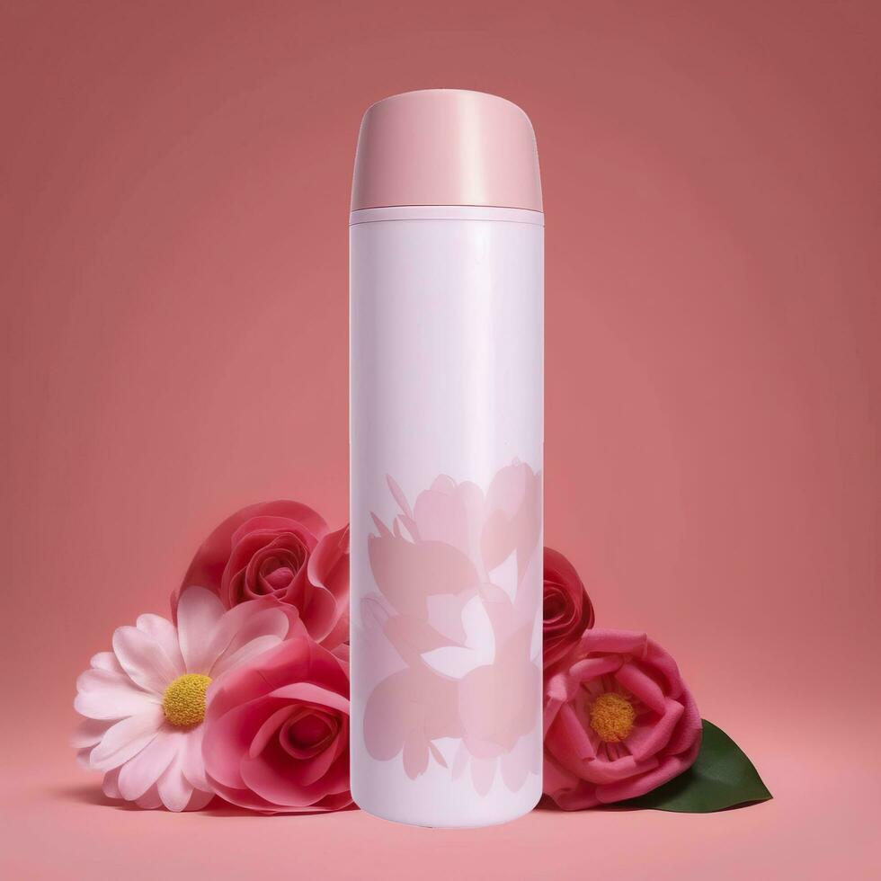 amazone produit image corps laver, cylindre bouteille solide Couleur rose arrière-plan, avec des roses, ai génératif photo