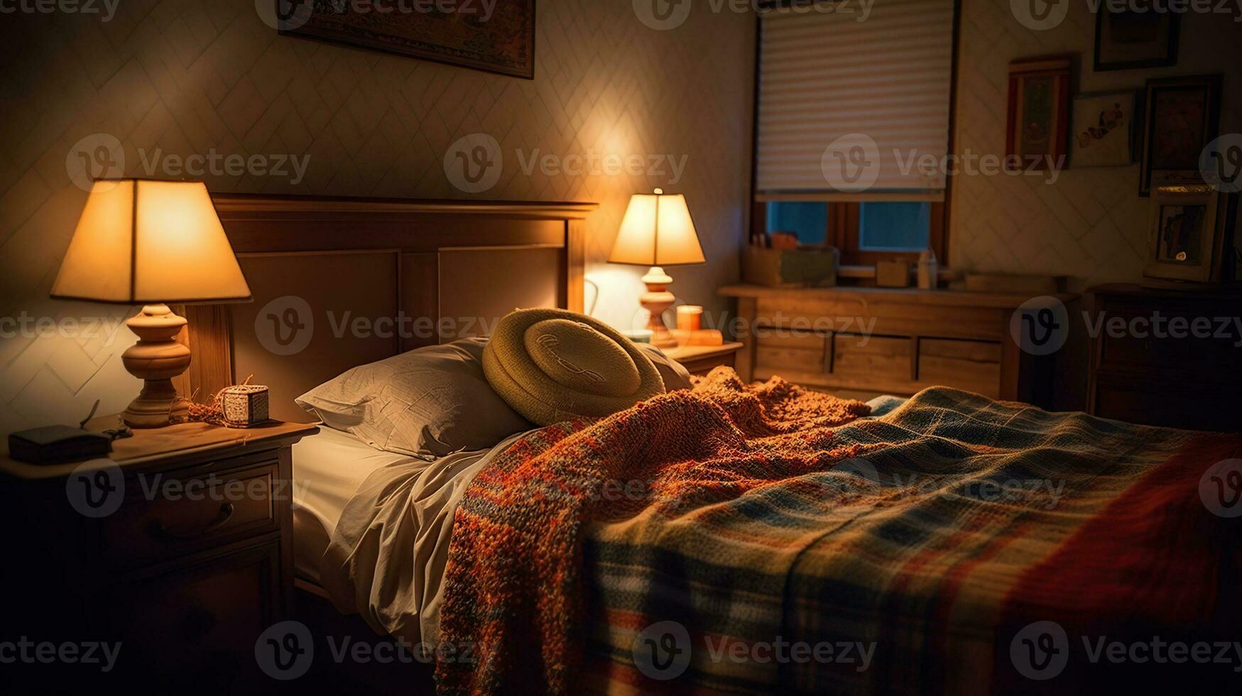 intérieur de chambre avec tricoté plaid sur lit et embrasé les lampes à nuit. ai génératif photo