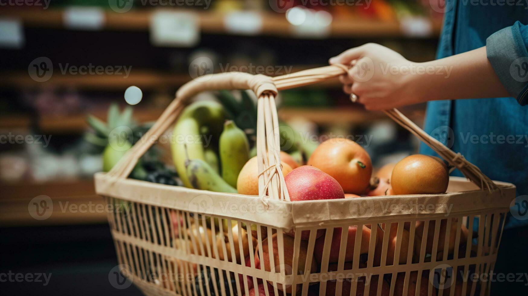 femme en portant une achats Chariot et commande épicerie Frais des fruits, génératif ai photo