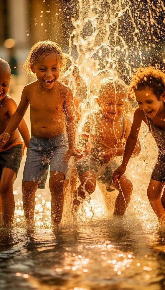 une groupe de les enfants en jouant dans une Fontaine sur une chaud été journée en riant et éclabousser chaque autre ai généré image photo