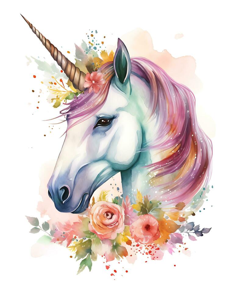 aquarelle coloré fleur Licorne visage illustration magnifique Contexte photo