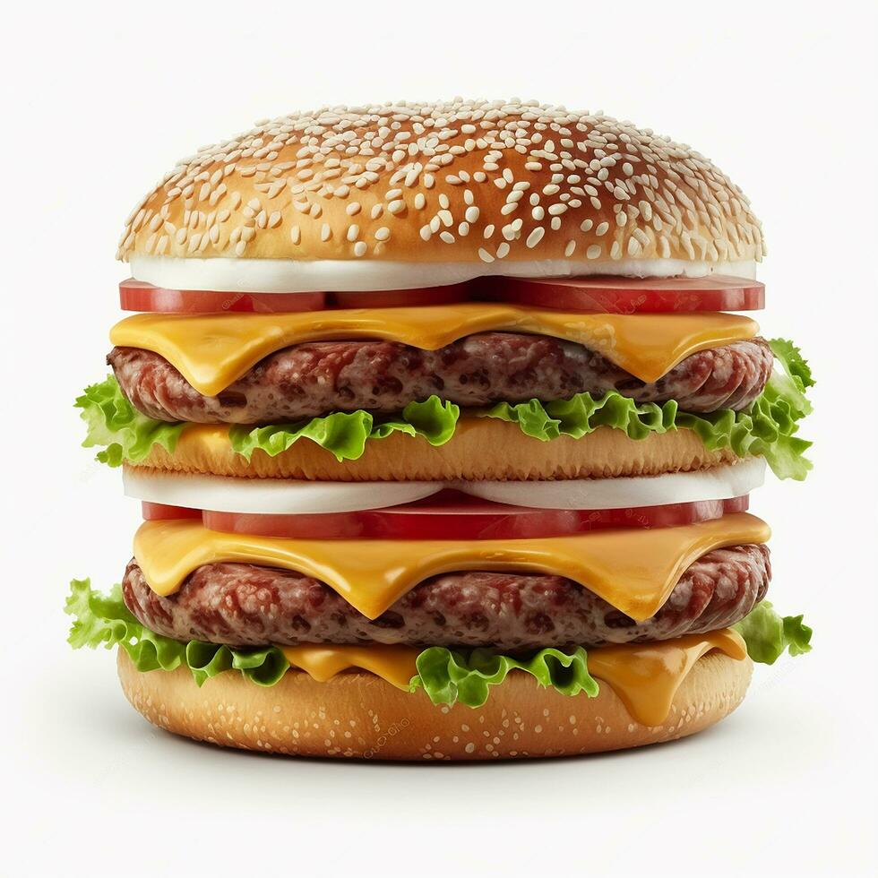 double Hamburger isolé sur blanc Contexte Frais Burger vite nourriture avec du boeuf et crème ai généré image photo
