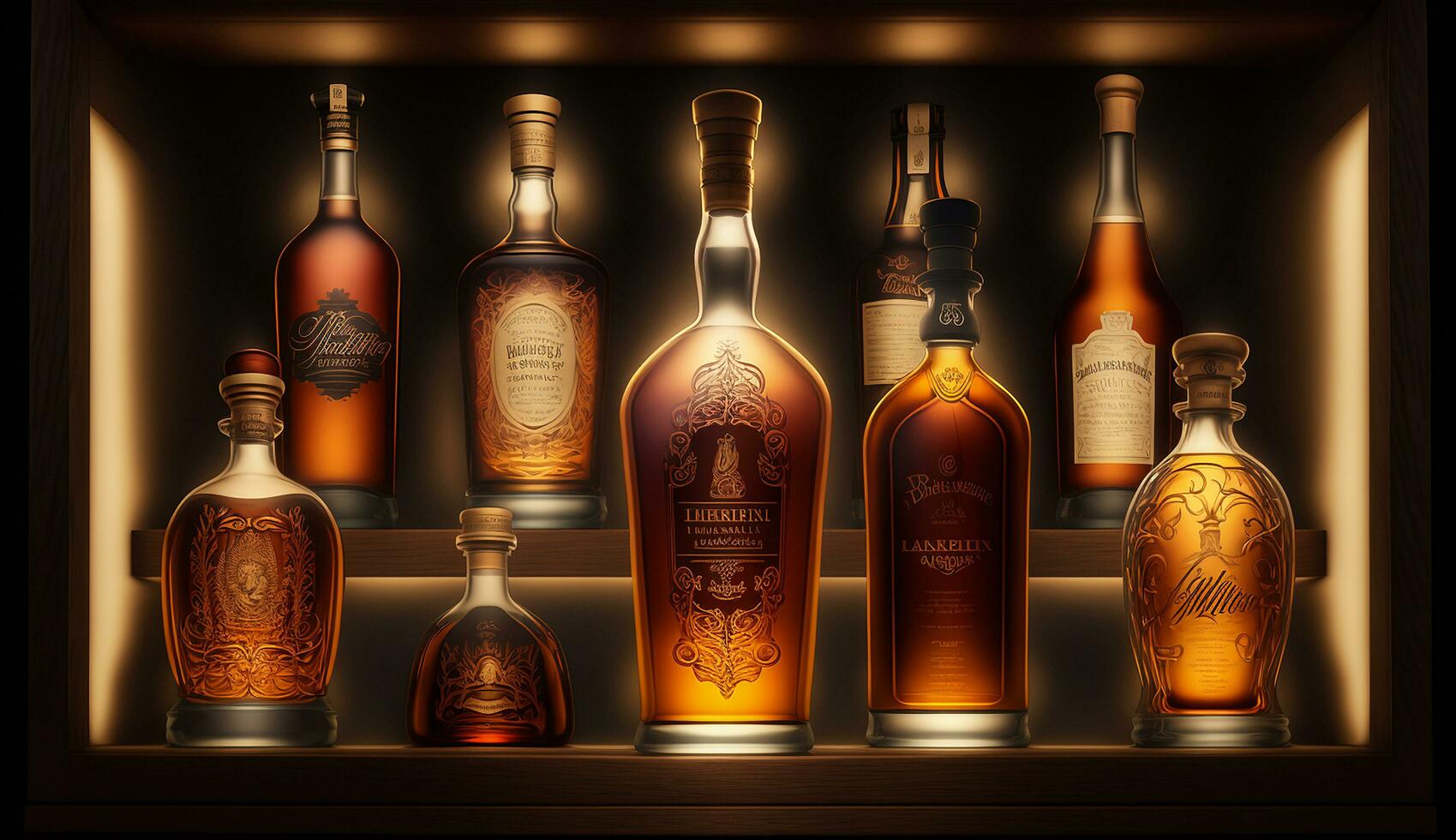 une luxueux Bourbon étagère rempli avec rare ancien bouteilles chaque avec une unique étiquette ai généré image photo