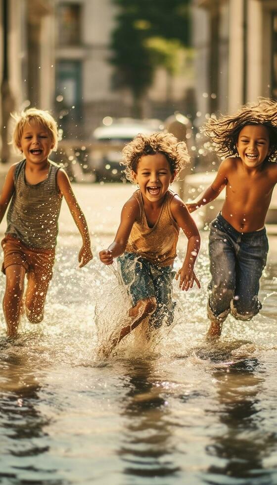 une groupe de les enfants en jouant dans une Fontaine sur une chaud été journée en riant et éclabousser chaque autre ai généré image photo