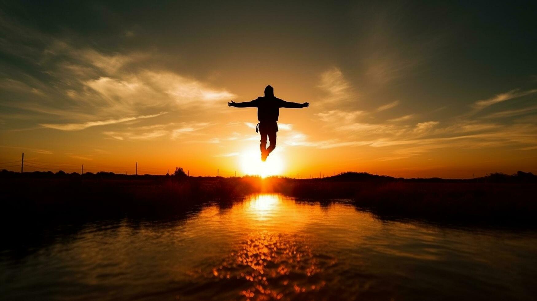 une homme flottant dans le ciel le coucher du soleil la photographie ai généré photo