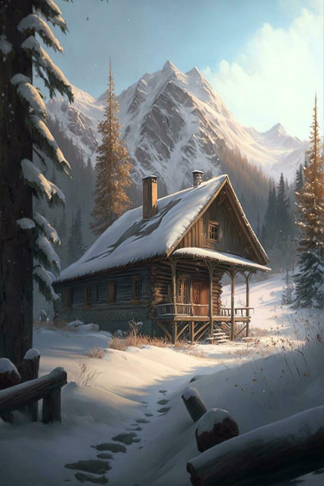 magnifique hiver cabane dans une étourdissant alpin paysage hiver paysage ai généré photo