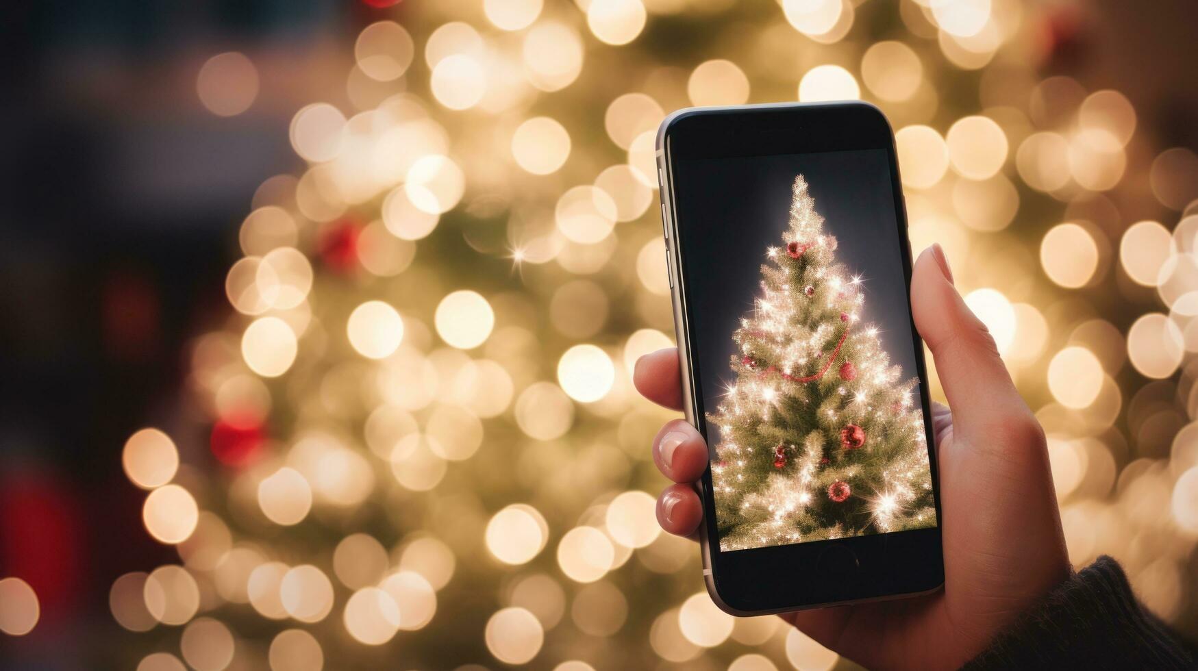 une main en portant une téléphone avec une Noël arbre Contexte photo