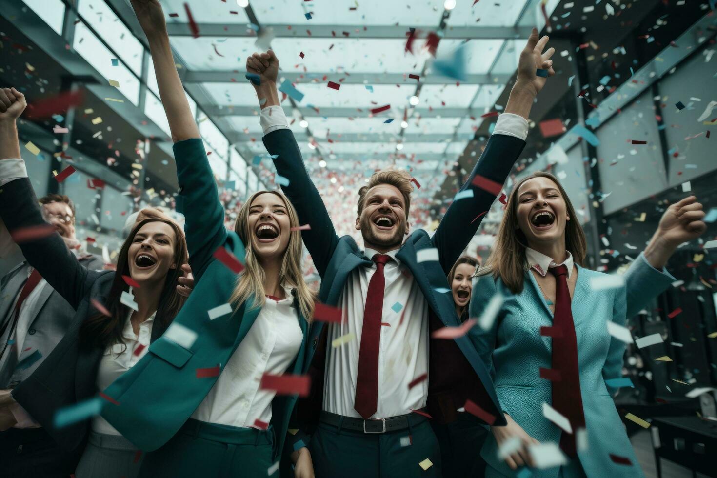 affaires gens avec confettis dans le air célébrer Succès à travail photo