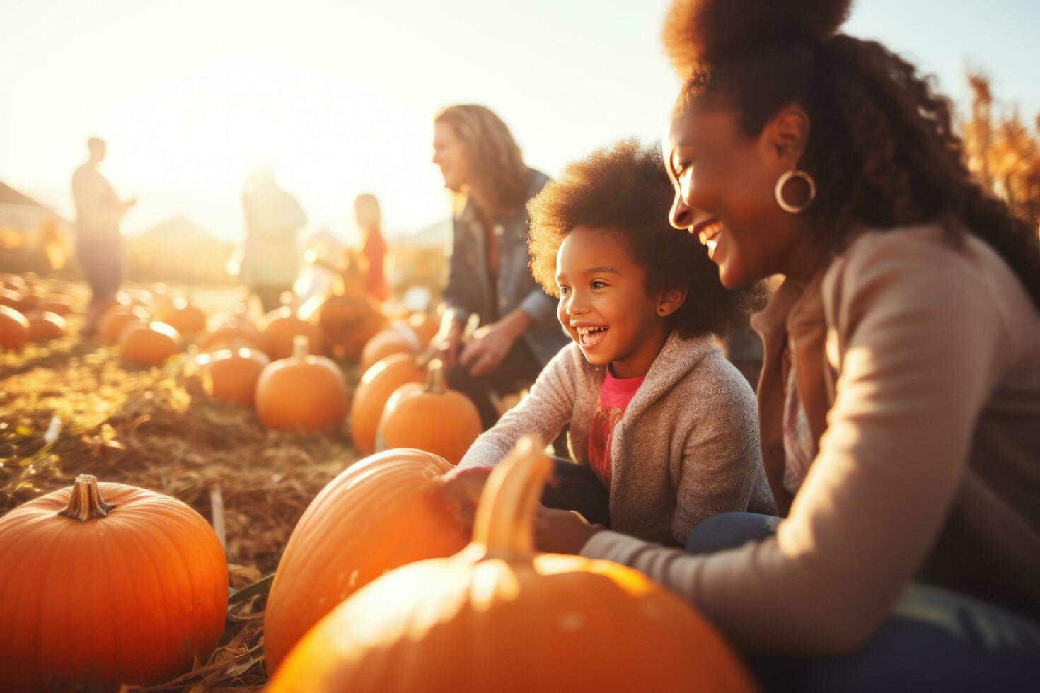 des familles avoir amusement par cueillette citrouilles à le citrouille pièce photo