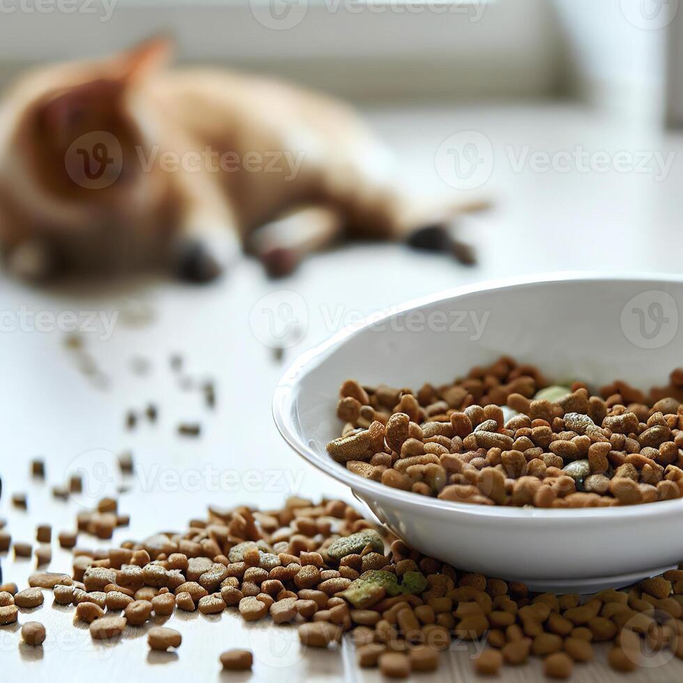 sec animal de compagnie nourriture est dans une blanc porcelaine bol et épars à travers le sol avec une chat séance dans le Contexte. ai génératif photo