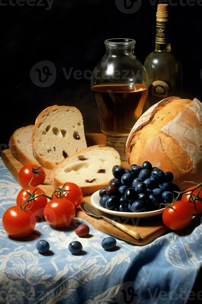 ai génératif une table spectacles pain et du vin avec tomates dans le style de foncé bleu et lumière beige photo