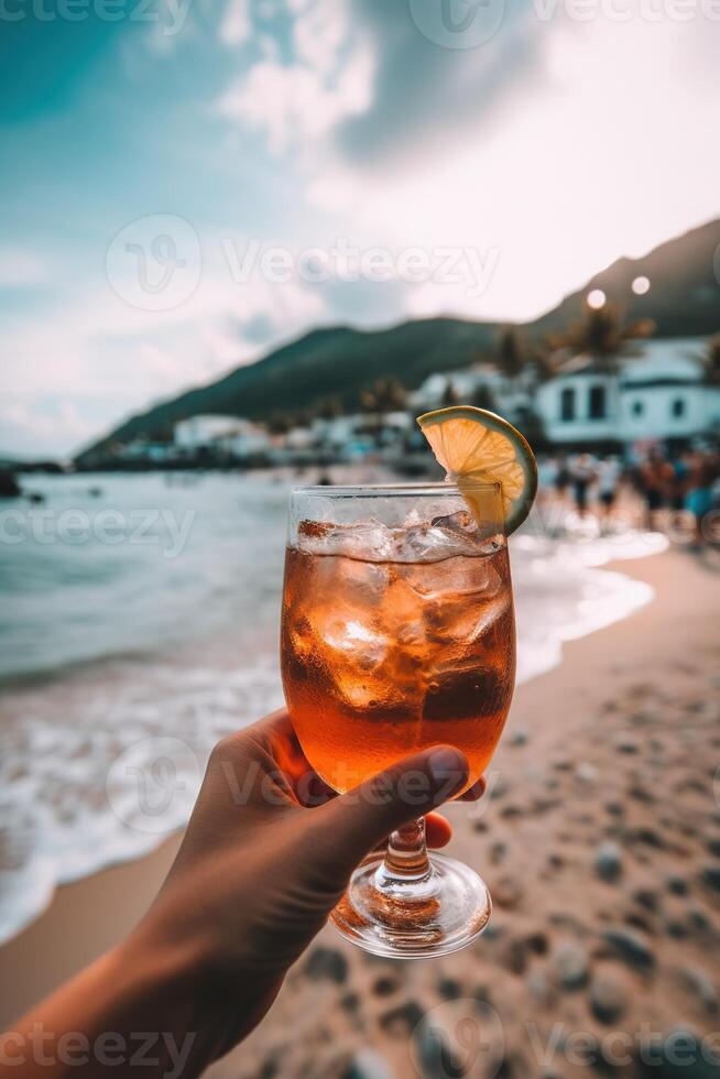 ai génératif une la personne en portant une boisson dans de face de une plage photo