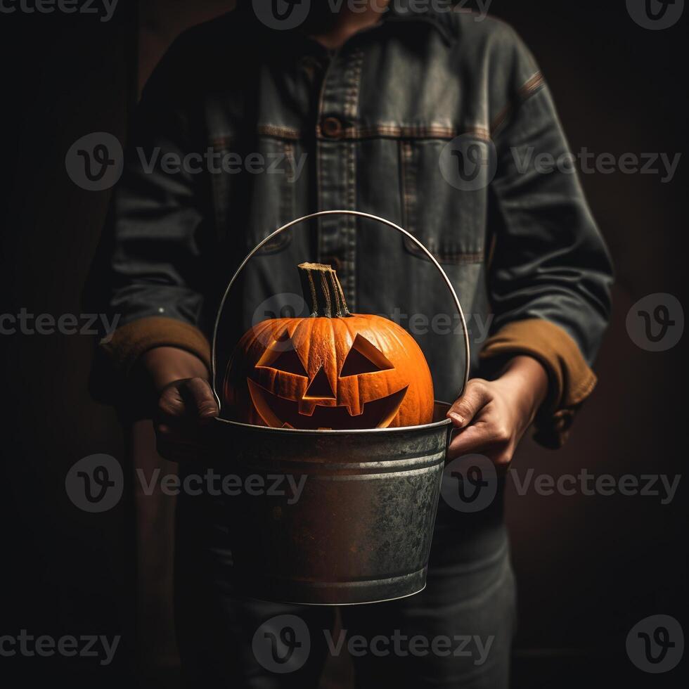 une la personne en portant une seau avec une jack'o lanterne peint sur il photo