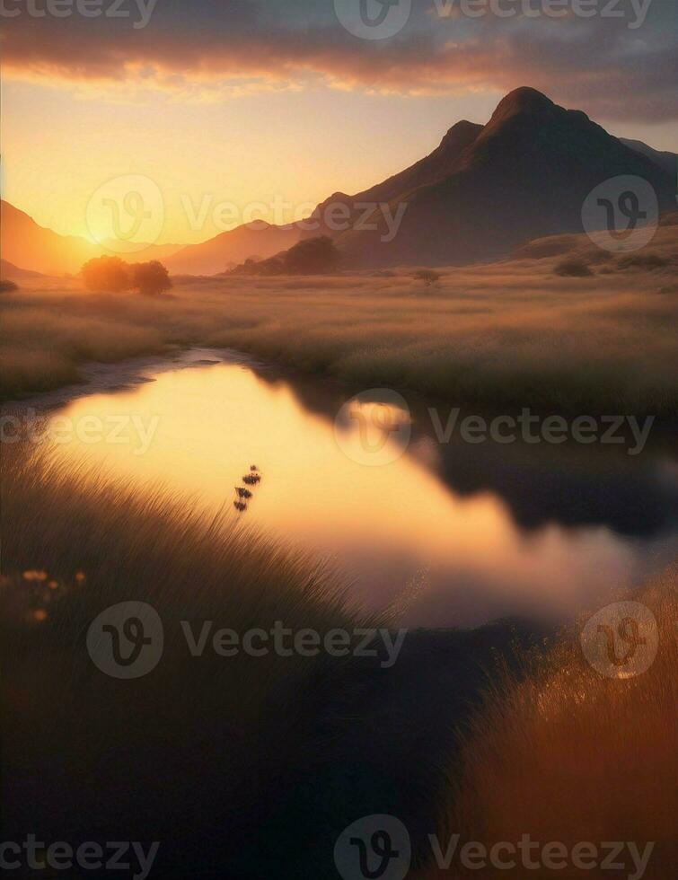 paysage illuminé par le doux lumière de le coucher du soleil illustration photo