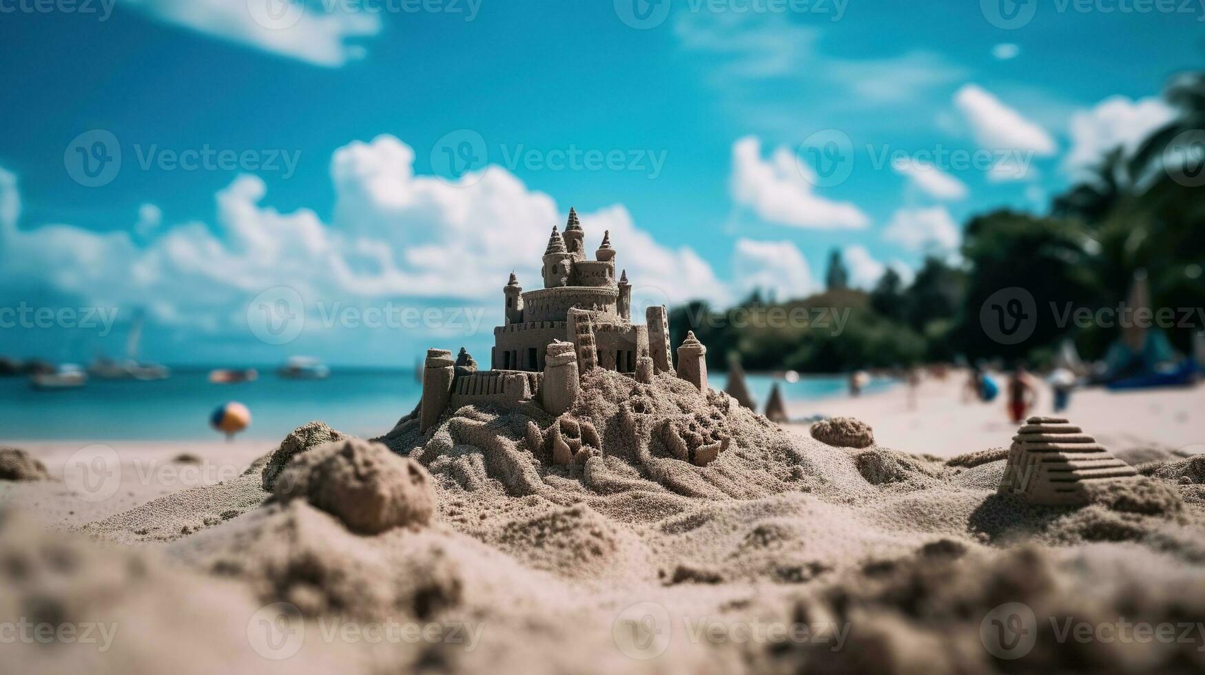 une le sable Château plage avec une bleu ciel et blanc des nuages photo