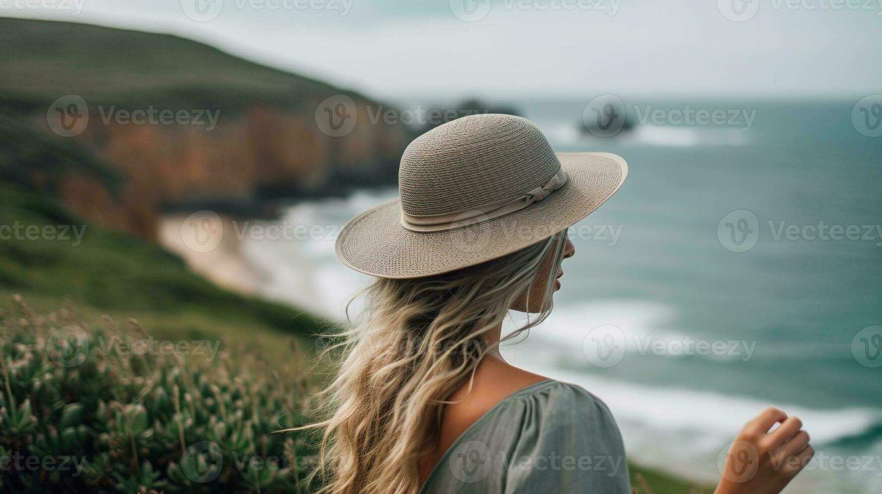 ai génératif une femme avec une chapeau est à la recherche à le océan photo