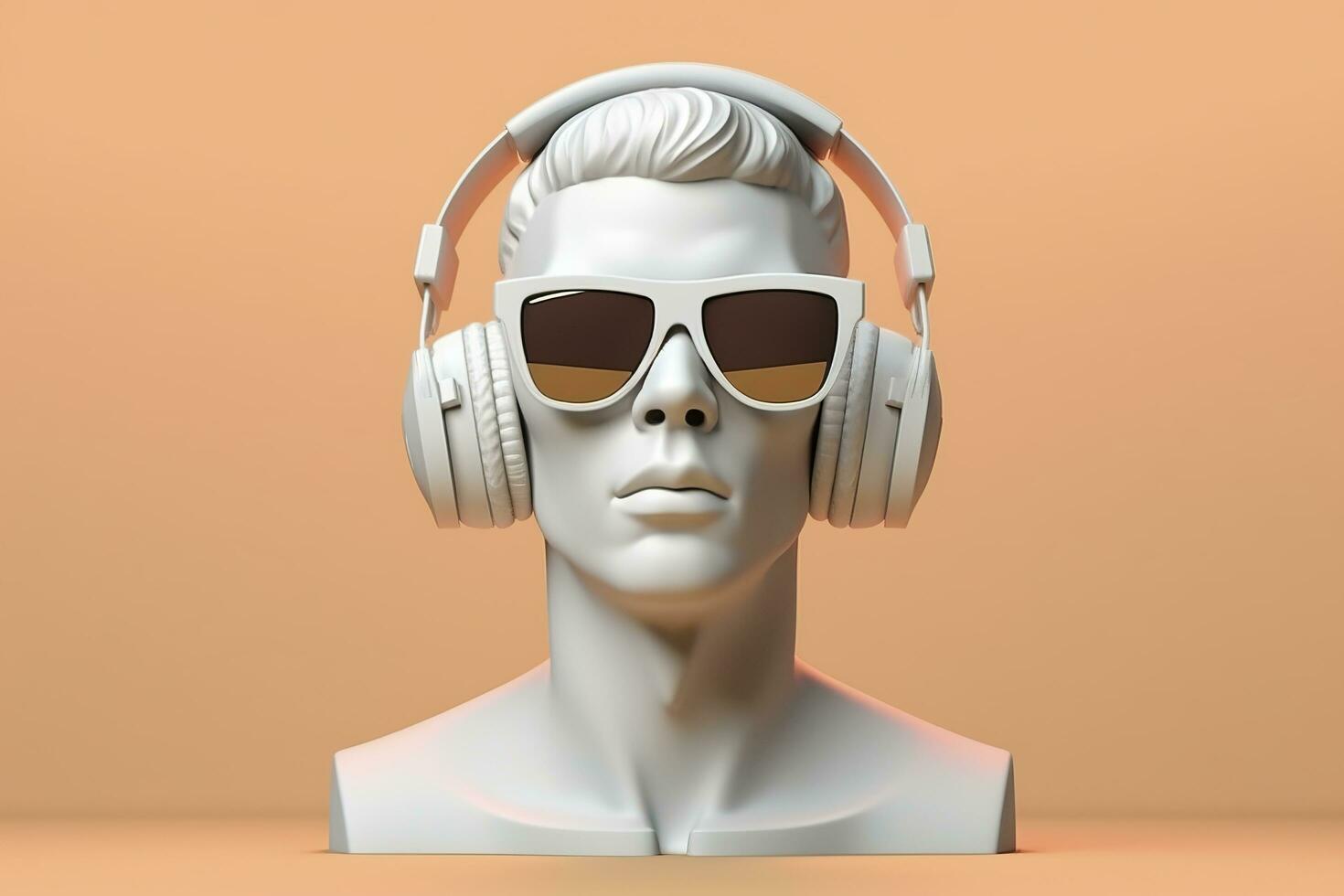 minimal scène de des lunettes de soleil et écouteurs sur Humain tête sculpture, la musique concept, 3d le rendu. ai génératif photo