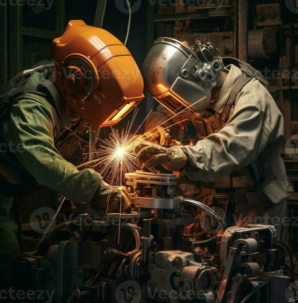 deux métal ouvriers sont en utilisant une robot à moulin leur métal travail, industriel machinerie Stock Photos