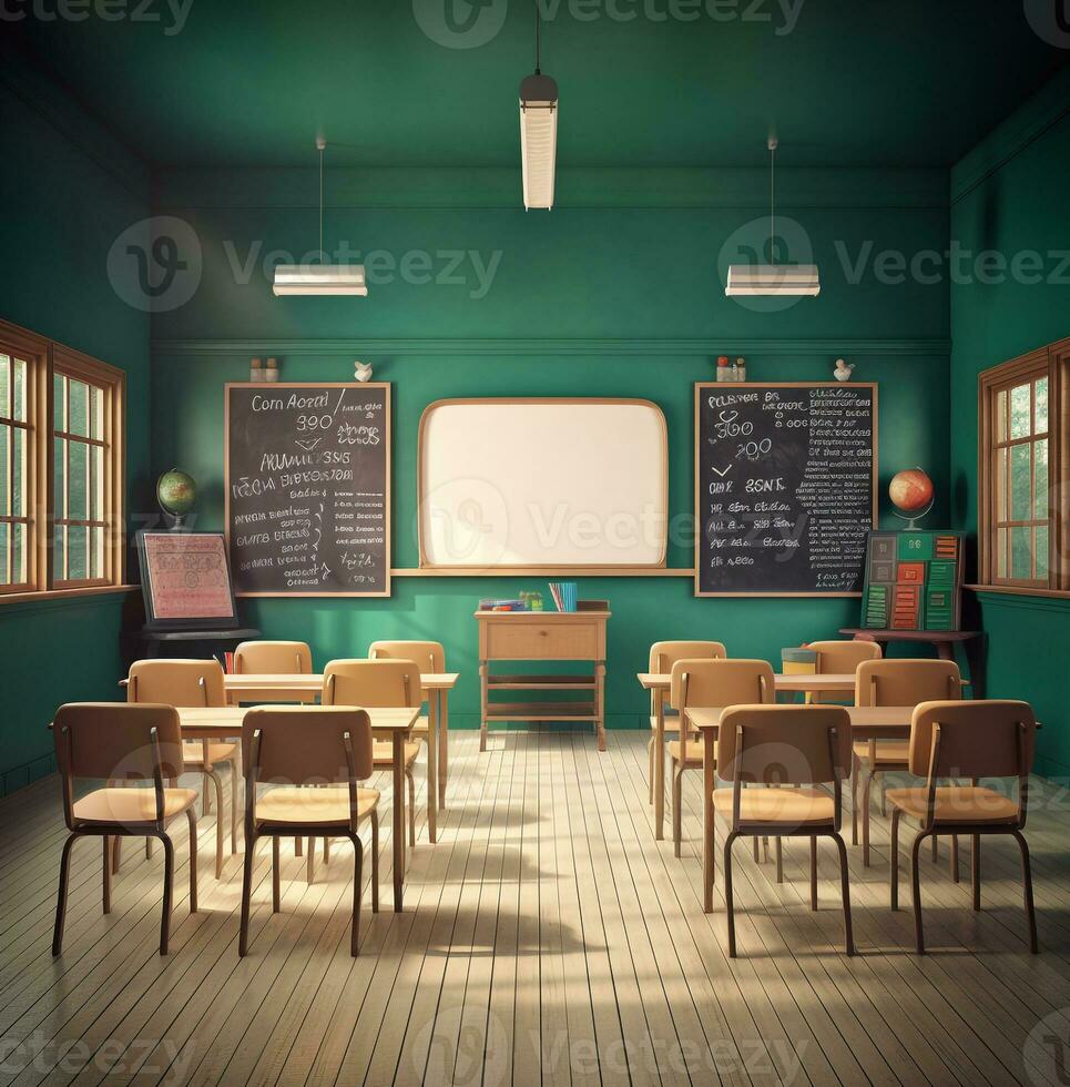 un vide salle de cours avec chaises et une vert conseil, monde élèves journée images photo