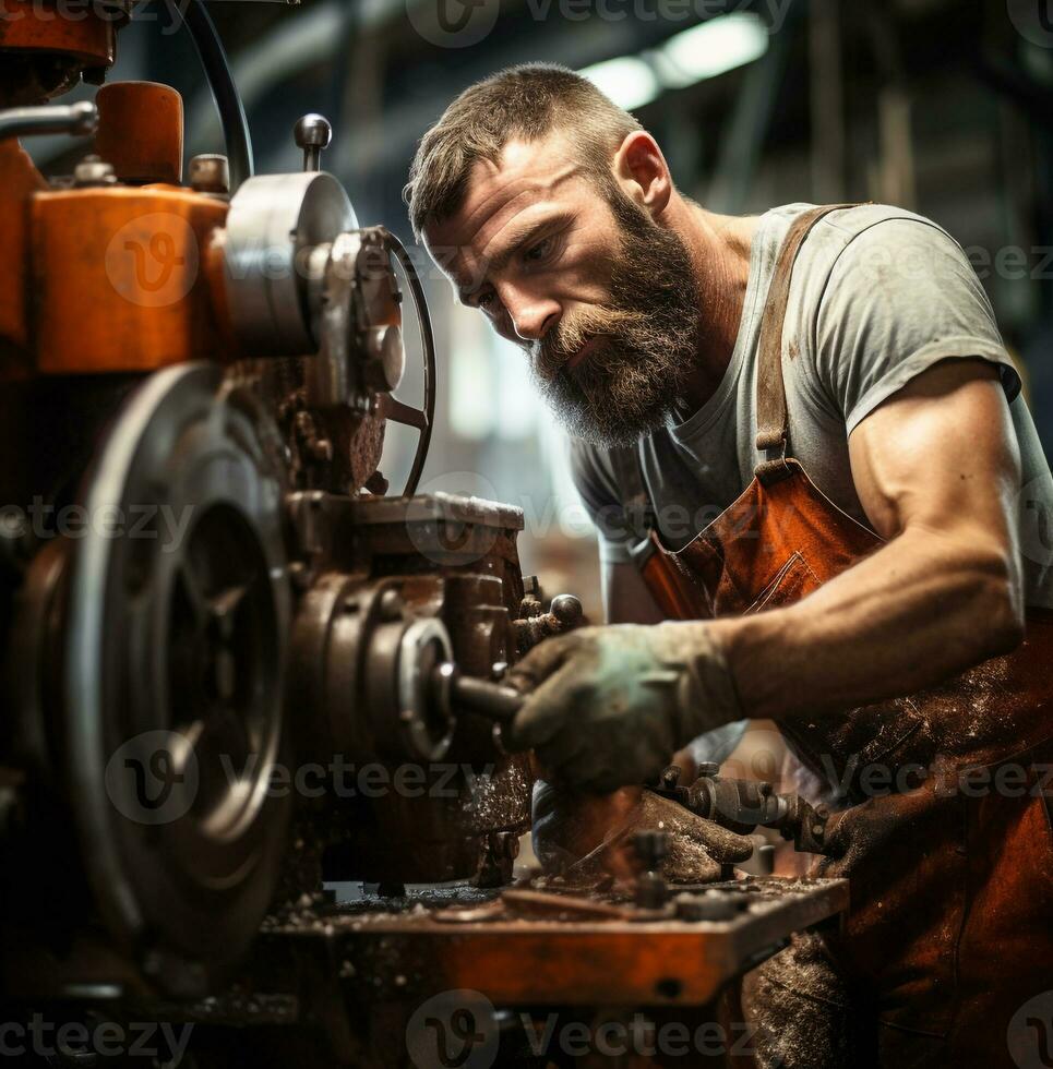 industriel ouvrier est travail sur le machine dans le usine, industriel machinerie Stock Photos