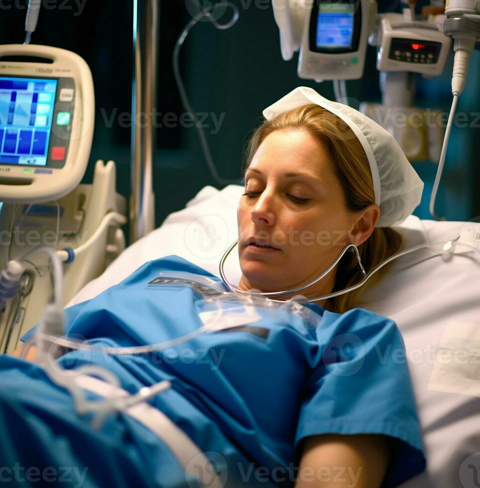 le infirmière est portant une bleu gommages et une blanc manteau, médical Stock images photo