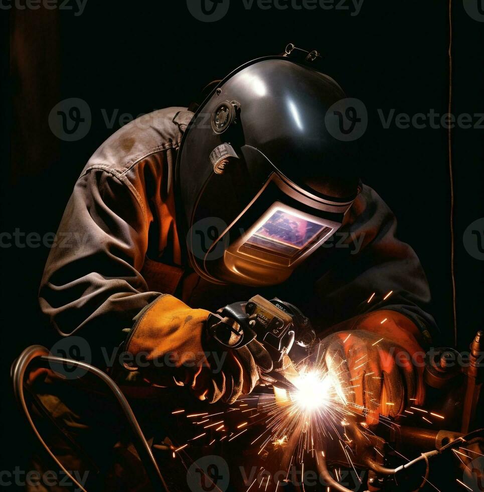 soudeur dans noir Vêtements étincelant lumière sur une pièce de métal, industriel machinerie Stock Photos