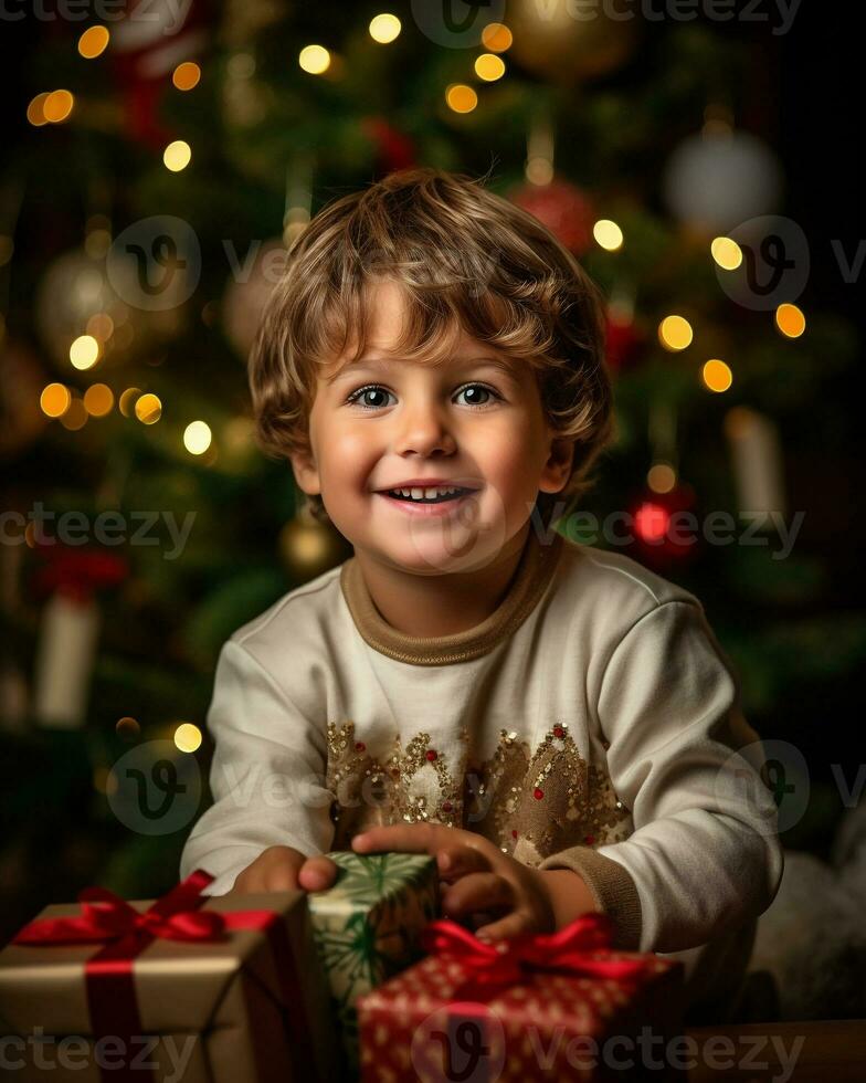 une portrait de une enfant habillé dans traditionnel Noël tenue, Noël image, photoréaliste illustration photo