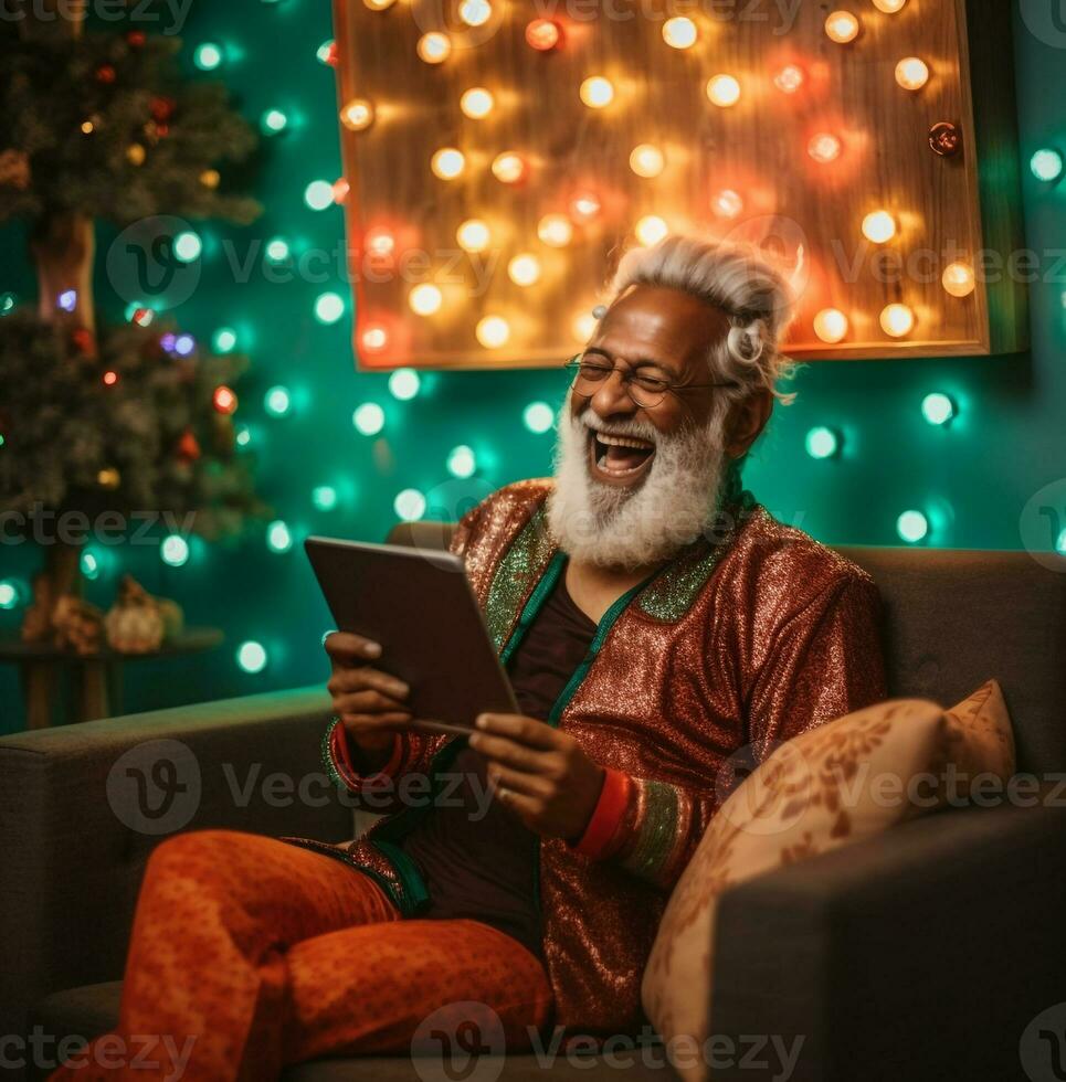 vieux homme en riant tandis que en utilisant tablette sur canapé, moderne vieillissement Stock images, ai généré vieillissement images photo