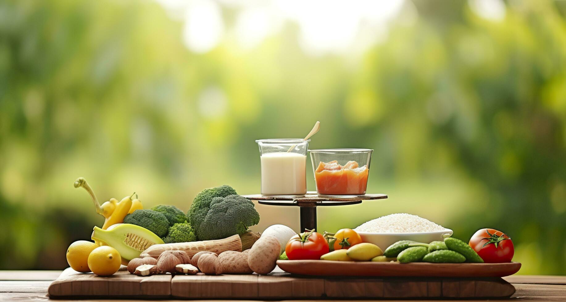 fermer de légumes, des fruits, et Viande sur en bois table plus de vert Naturel Contexte. génératif ai photo