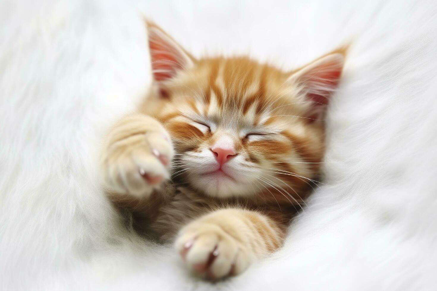 rouge chaton, chat en train de dormir mignonne sur blanc fourrure. génératif ai photo