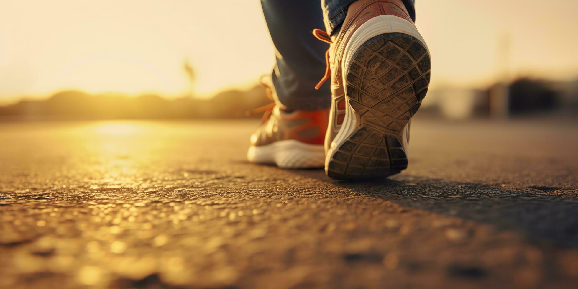 proche en haut sur le chaussure, coureur athlète pieds fonctionnement sur le route en dessous de lumière du soleil dans le Matin. ai génératif photo