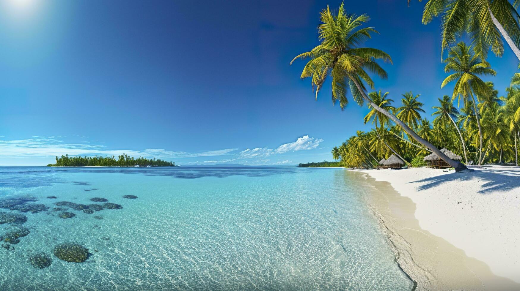 tropical paradis plage avec blanc le sable et cristal clair bleu l'eau. magnifique Naturel été vacances vacances Contexte. Voyage tourisme large panorama Contexte concept. ai génératif photo