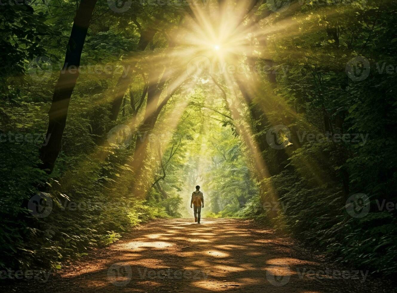 une la personne en marchant par une forêt, mental santé images, photoréaliste illustration photo