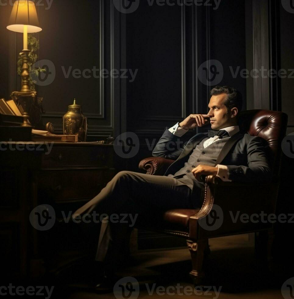 homme séance à Bureau à le conférence Stock photo séance photo, moderne vieillissement Stock images, ai généré vieillissement images