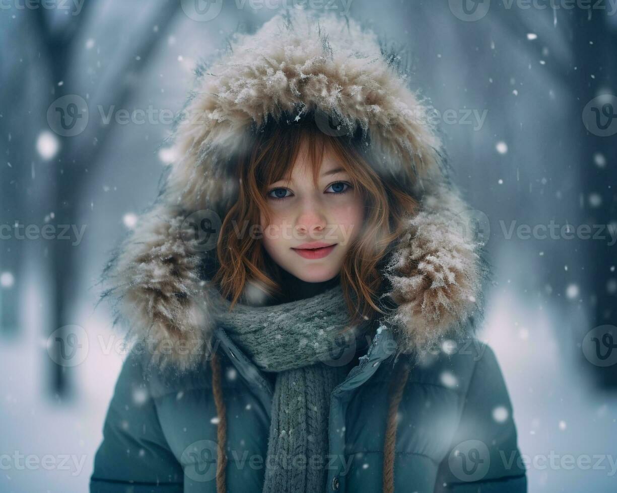 une fille portant hiver permanent dans une neigeux environnement Stock photo Djsheeb, Noël image, photoréaliste illustration