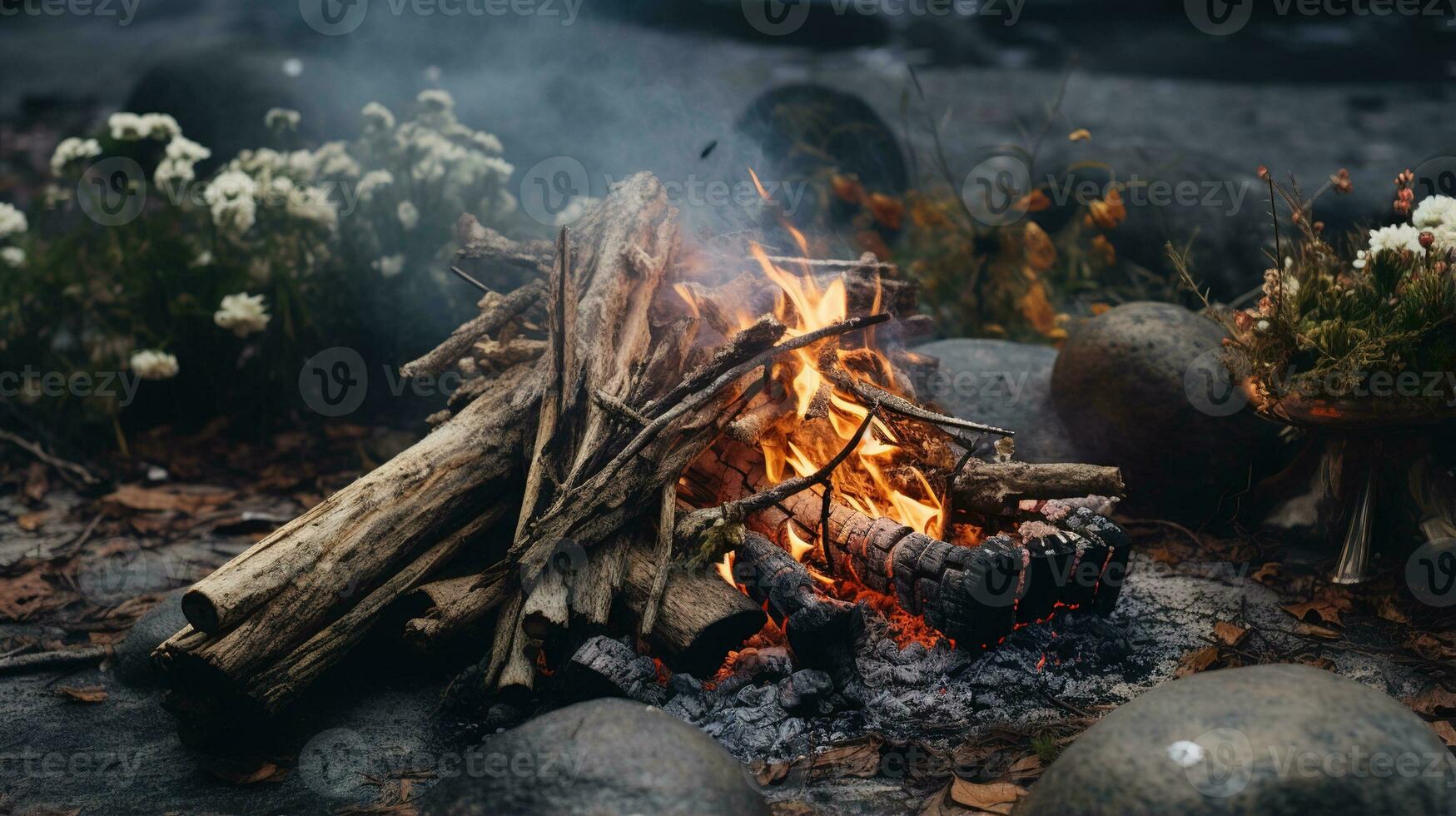 génératif ai, brûlant feu dans le soir, camping Extérieur concept dans neutre en sourdine couleurs, touristique camp photo