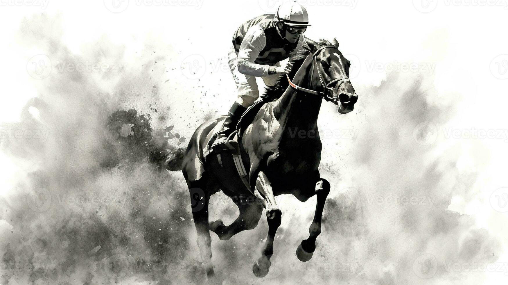 génératif ai, encre peint courses cheval avec jockey, équestre sport, monochrome illustration photo