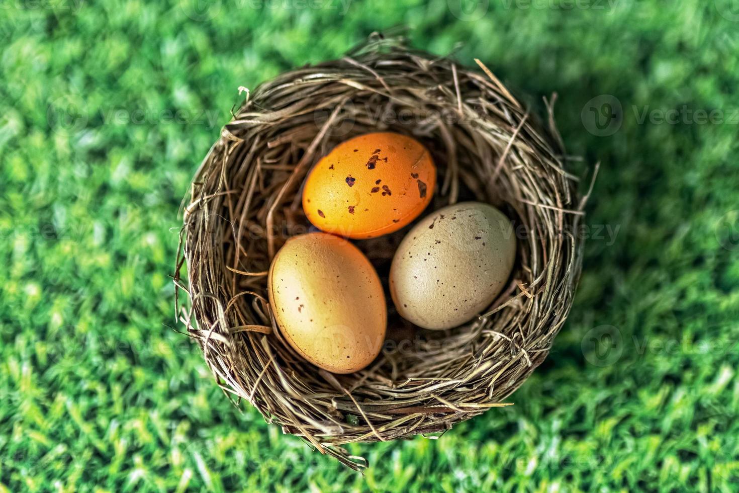 oeufs de pâques dans un nid naturel sur fond vert avec texture d'herbe. vue d'en-haut photo