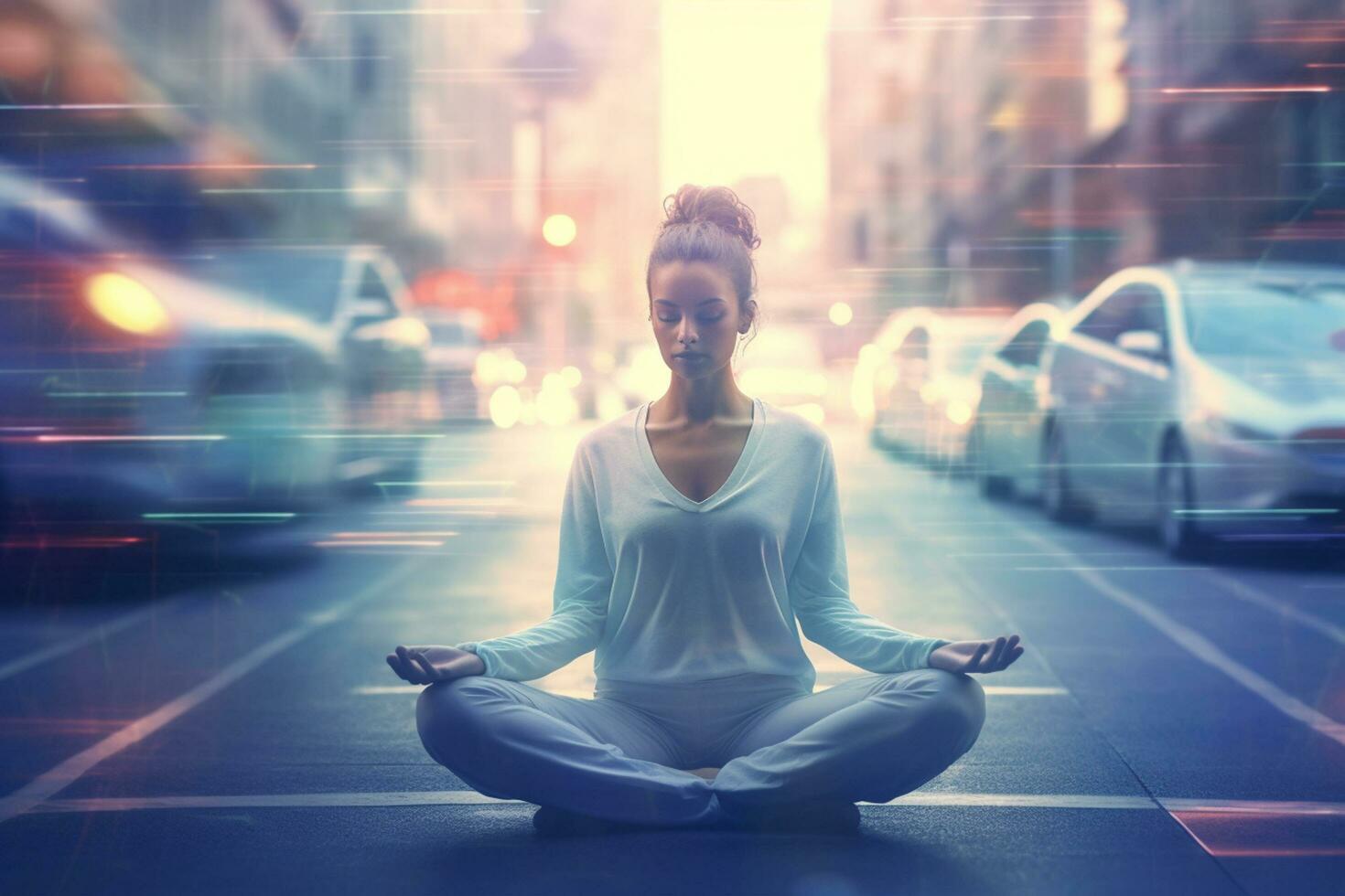 Jeune femme pratiquant yoga sur le route dans le ville à nuit. ai généré photo