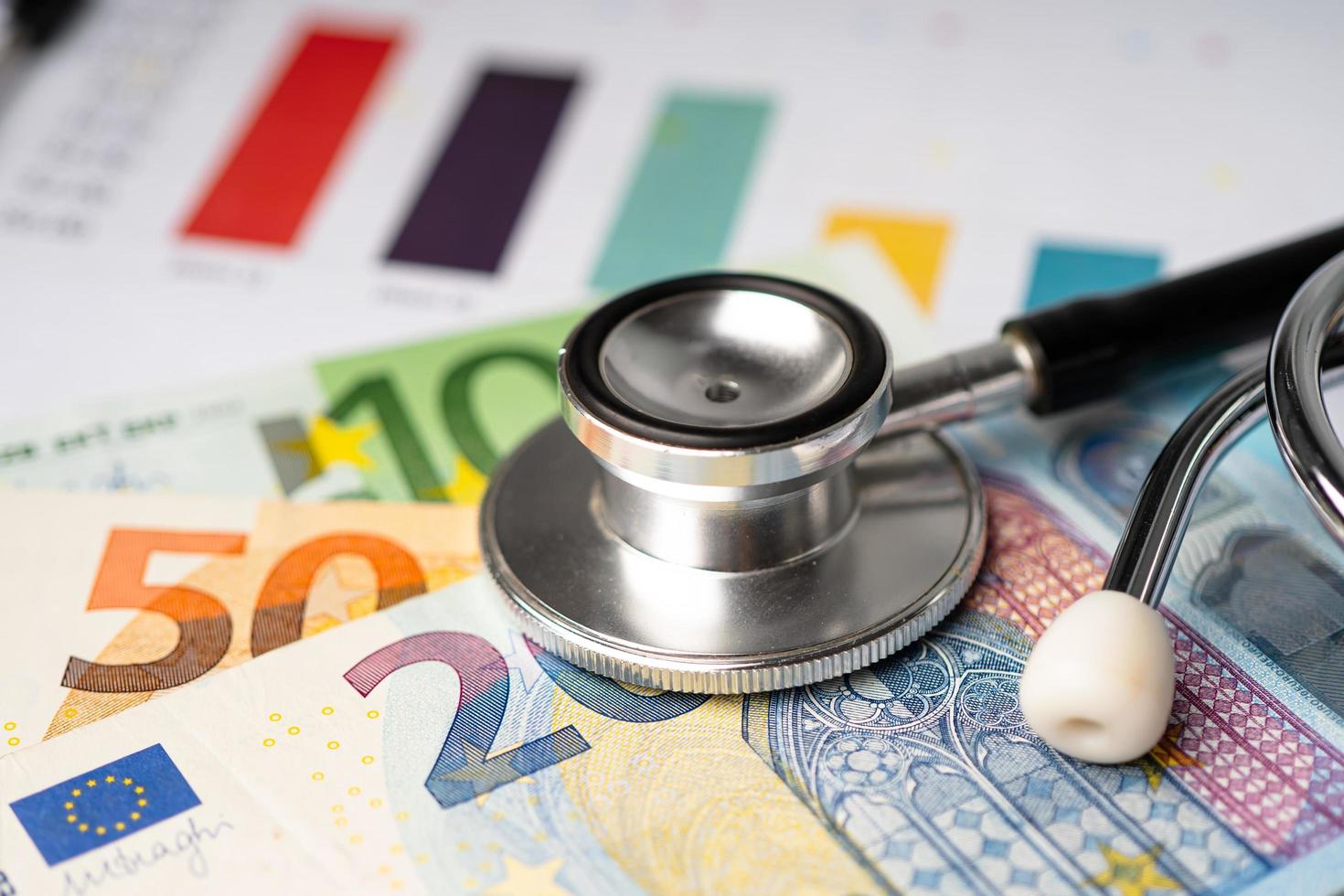 stéthoscope sur les billets de banque de l'ue, la finance, le compte, les statistiques, les données de recherche analytique et le concept de réunion de santé médicale d'entreprise photo