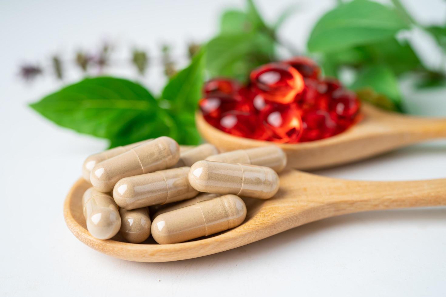 capsule biologique à base de plantes de médecine alternative avec vitamine e oméga 3 huile de poisson, minéral, médicament avec feuilles d'herbes suppléments naturels pour une bonne vie saine. photo